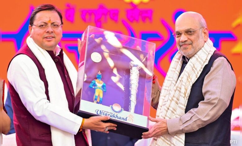Amit Shah Felicitated By Pushkar Dhami At National Games Ceremony