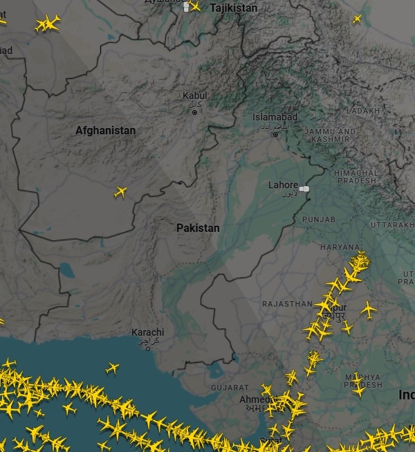 Flightradar24 data, during the filing of this report, showed no aircraft in the Pakistani airspace. 