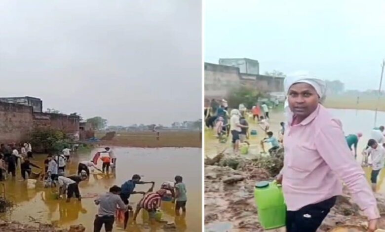 सरसों तेल का पलटा टैंकर, पानी में फैला तेल कपड़े से निचोड़कर लूट ले गए गांववाले