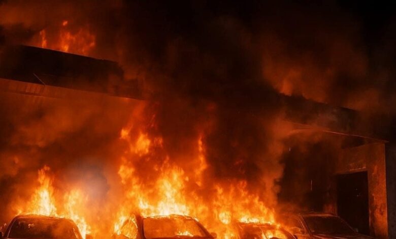 बदमाशों ने पेट्रोल छिड़ककर वर्कशॉप में लगाई आग, मर्सिडीज-ऑडी सहित 18 कारें खाक, सीसीसीटवी में कैद हुई वारदात