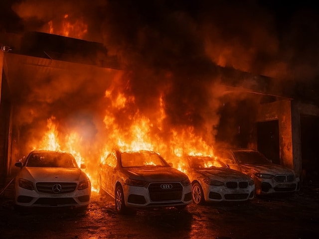 बदमाशों ने पेट्रोल छिड़ककर वर्कशॉप में लगाई आग, मर्सिडीज-ऑडी सहित 18 कारें खाक