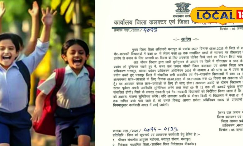 Bharatpur School Closed | Bharatpur news | Bharatpur school holiday | cold wave Rajasthan | Bharatpur district collector order | Kamar Chaudhary decision | school closed due to cold | Bharatpur weather update | Rajasthan shitalahar