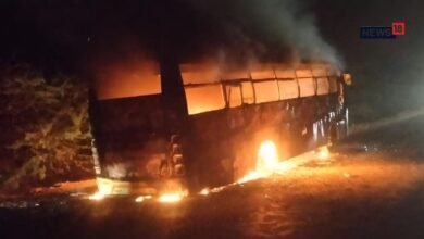 महाजन में हाईवे पर यात्रियों से भरी स्लीपर बस में लगी आग, जलकर राख